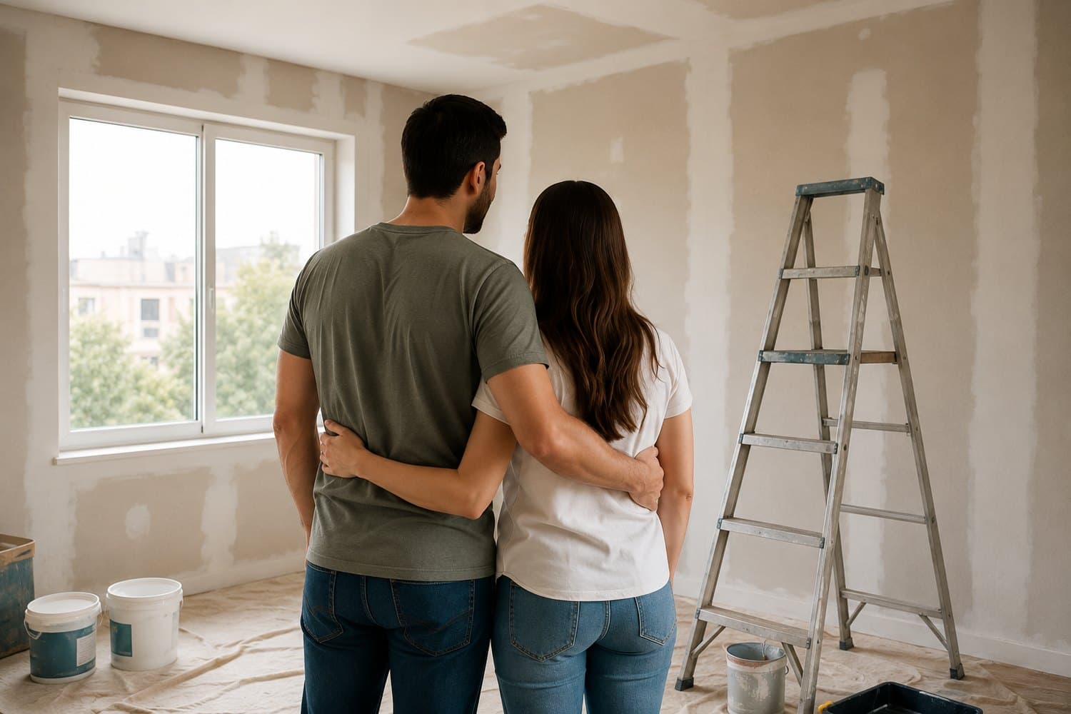 Pareja frente a la pared de su casa en remodelación